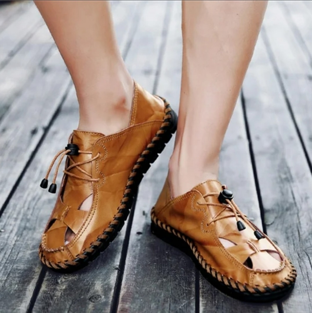 FASHION BRAND LeatherTan Casual Loafers with Woven Upper and Slip-On Design
